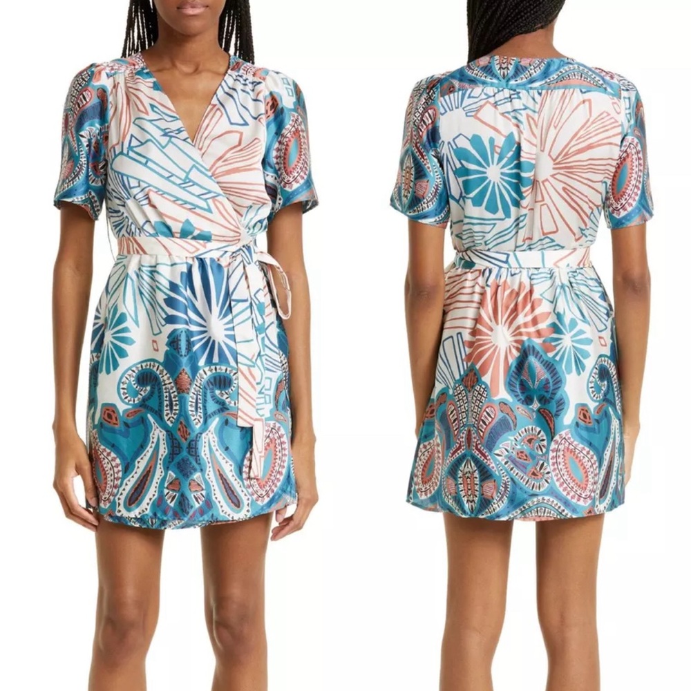 NWT Ba&sh ROBE JARA Mixed Print Wrap Mini Dress Turquoise 1E23JARA Size 3 MEDIUM